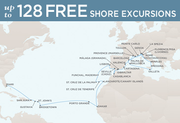 Cruises Around The World Regent Seven Seas Mariner 2026 World Cruise Map ROME (CIVITAVECCHIA) TO MIAMI