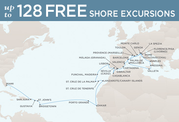 LUXURY CRUISES - Penthouse, Veranda, Balconies, Windows and Suites Regent Seven Seas Mariner 2027 World Cruise Vacation Map ROME (CIVITAVECCHIA) TO MIAMI