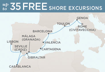 LUXURY CRUISES - Penthouse, Veranda, Balconies, Windows and Suites Regent Seven Seas Mariner 2027 World Cruise Vacation Map ROME (CIVITAVECCHIA) TO LISBON
