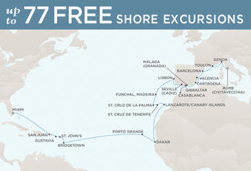 LUXURY CRUISES - Penthouse, Veranda, Balconies, Windows and Suites Regent Seven Seas Mariner 2027 World Cruise Vacation Map ROME (CIVITAVECCHIA) TO MIAMI