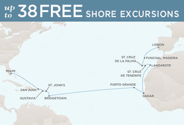 Regent Seven Seas Mariner 2014 World Cruise Map LISBON TO MIAMI