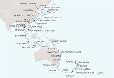 Route Map Regent Seven Seas Cruises Voyager RSSC January 9 March 16 2013 - 66 Days