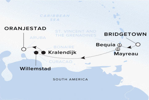The Ritz-Carlton Evrima A map showing the Caribbean Sea. A line shows the voyage route from Bridgetown to Bequia, Mayreau, Willemstad, Kralendijk and Oranjestad. 