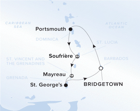 The Ritz-Carlton Evrima A map showing the Caribbean Sea. A line shows the voyage path from Bridgetown to Portsmouth, Soufrire, Mayreau, St. George's and back to Bridgetown.