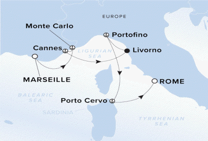 The Ritz-Carlton Evrima A map of the Mediterranean Sea with the yacht's journey plotted from Marseille, France through Monte Carlo, Cannes, Livorno, Porto Fino, Porto Cervo and Rome. 