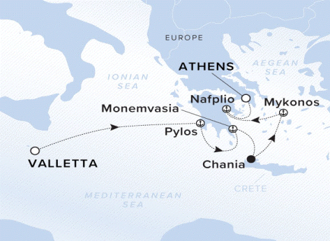 The Ritz-Carlton Evrima A map of the Mediterranean Sea with the yacht's voyage from Valletta, Malta through Pylos, Monemvasia, Chania, Mykonos, Nafplio, and ending in Athens, Greece.