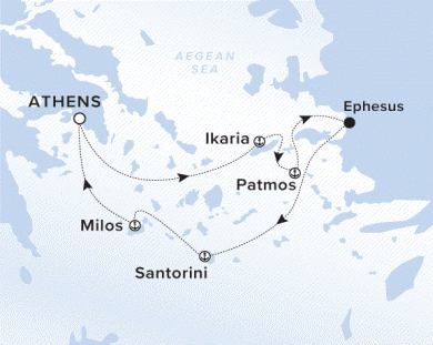 The Ritz-Carlton Evrima A map of the Mediterranean Sea overlaid with the yacht's journey from Athens, Greece to Ikaria, Patmos, Ephesus, Santorini, Milos and returning to Athens.