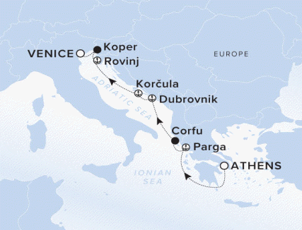 The Ritz-Carlton Evrima A map showing the Adriatic Sea and Ionian Sea. A line shows the voyage route from Venice to Koper, Rovinj, Korcula, Dubrovnik, Corfu, Parga and Athens.