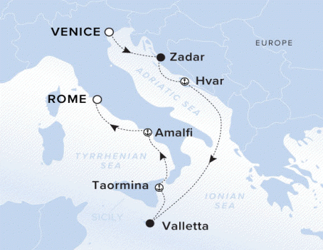 The Ritz-Carlton Evrima A map showing the Tyrrhenian Sea, Adriatic Sea and Ionian Sea. A line shows the voyage route from Venice to Zadar, Hvar, Valletta, Taormina, Amalfi and Rome.