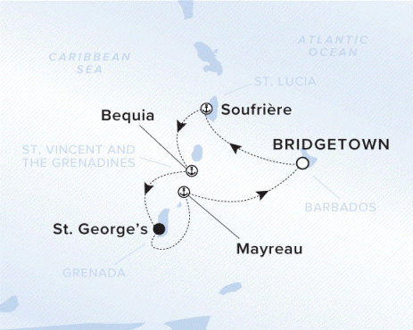 The Ritz-Carlton Evrima A map showing the Atlantic Ocean and Caribbean Sea. A line shows the voyage route from Bridgetown to Soufrire, Bequia, St. George's, Mayreau and Bridgetown.