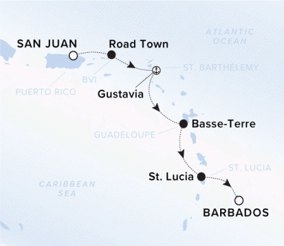 The Ritz-Carlton Evrima A map of the Caribbean Sea showing the yacht's journey from San Juan to Road Town to Gustavia to Basse-Terre to St. Lucia to Barbados