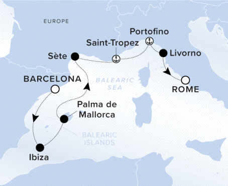 The Ritz-Carlton Evrima A map showing the Balearic Sea. A line shows the voyage route from Barcelona to Ibiza, Palma de Mallorca, Ste, Saint-Tropez, Portofino, Livorno and Rome.