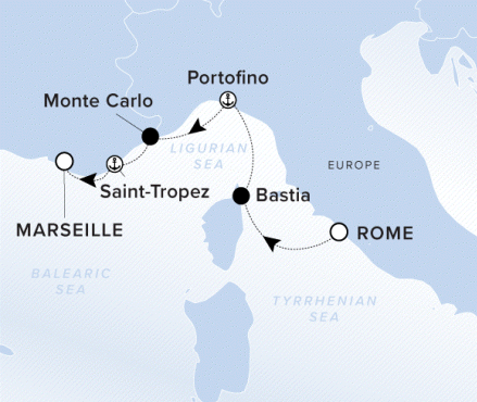 The Ritz-Carlton Evrima A map showing the Tyrrhenian Sea, Ligurian Sea and Balearic Sea. A line shows the voyage route from Rome to Bastia, Portofino, Monte Carlo, Saint-Tropez and Marseille.