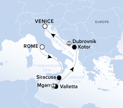The Ritz-Carlton Evrima A map showing Europe, the Tyrrhenian Sea, Ionian Sea and Adriatic Sea. A line shows the voyage route from Rome to Siracusa, Valletta, Mgarr, Kotor, Dubrovnik and Venice.
