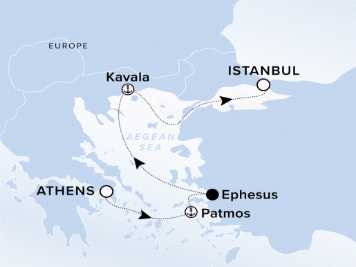 The Ritz-Carlton Evrima A map showing the Aegean Sea. A line shows the voyage route from Athens to Patmos, Ephesus, Kavala and Istanbul.