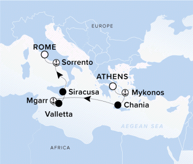 The Ritz-Carlton Evrima A map showing the Aegean Sea and Europe. A line shows the voyage route from Athens to Mykonos, Chania, Mgarr, Valletta, Siracusa, Sorrento and Rome.
