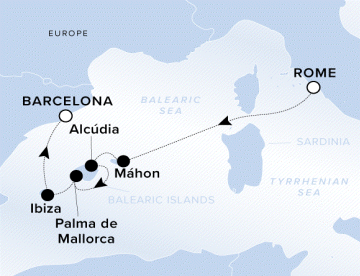 The Ritz-Carlton Evrima A map showing the Balearic Sea and Europe. A line shows the voyage route from Rome to Mahn, Alcdia, Palma de Mallorca, Ibiza and Barcelona.