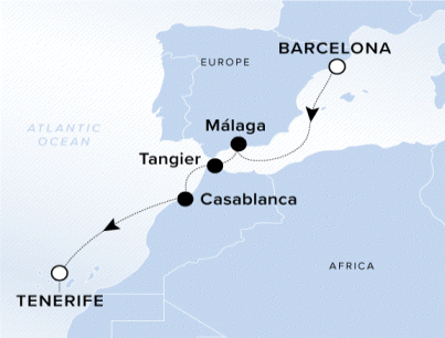 The Ritz-Carlton Evrima A map showing the Atlantic Ocean, Europe and Northern Africa. A line shows the voyage route from Barcelona to Mlaga, Tangier, Casablanca and Tenerife.