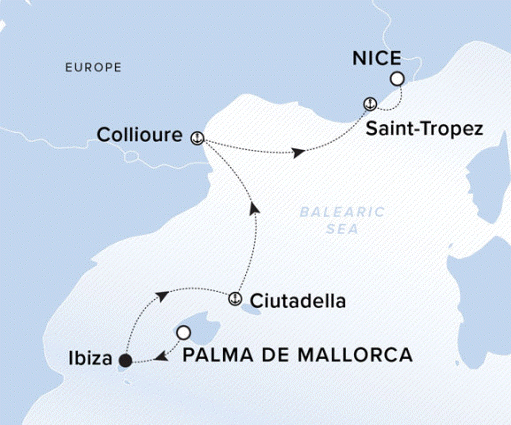 The Ritz-Carlton Evrima A map showing the Balearic Sea. A line shows the voyage route from Palma de Mallorca, Ibiza, Ciutadella, Collioure, Saint-Tropez and Nice.