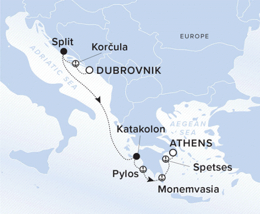 The Ritz-Carlton Evrima A map showing the Adriatic and Aegean Seas. A line shows the voyage route from Dubrovnik to Korcula, Split, Katakolon, Pylos, Monemvasia, Spetses and Athens..
