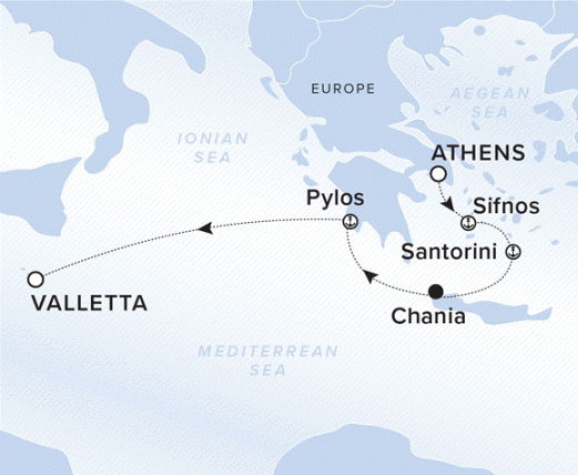 The Ritz-Carlton Evrima A map showing the Mediterranean Sea. A line shows the voyage route from Athens to Sifnos, Santorini, Chania, Pylos and Valletta.