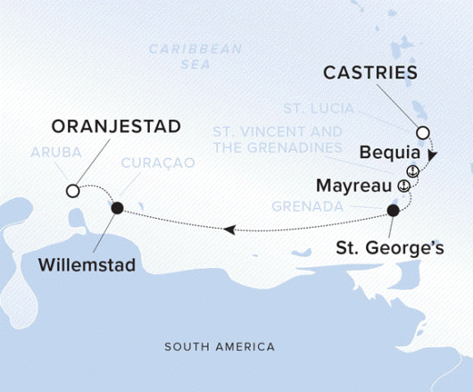 The Ritz-Carlton Evrima A map showing the Caribbean Sea. A line shows the voyage route from Castries to Bequia, Mayreau, St. George's, Willemstad and Oranjestad.
