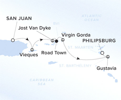 The Ritz-Carlton Evrima A map showing the Atlantic Ocean and Caribbean Sea. A line shows the voyage route from San Juan to Vieques, Jost Van Dyke, Road Town, Virgin Gorda, Gustavia and Philipsburg.