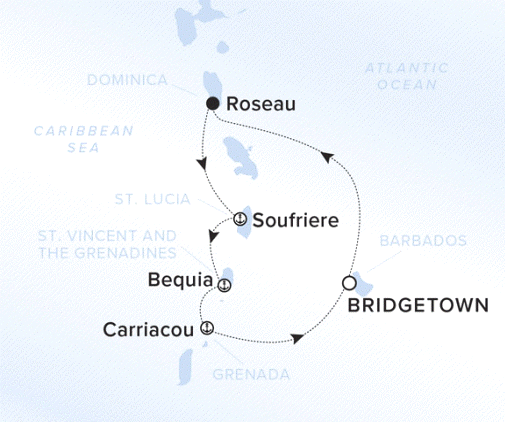 The Ritz-Carlton Evrima A map showing the Atlantic Ocean and Caribbean Sea. A line shows the voyage route from Bridgetown to Roseau, Soufriere, Bequia, Carriacou, and Bridgetown.