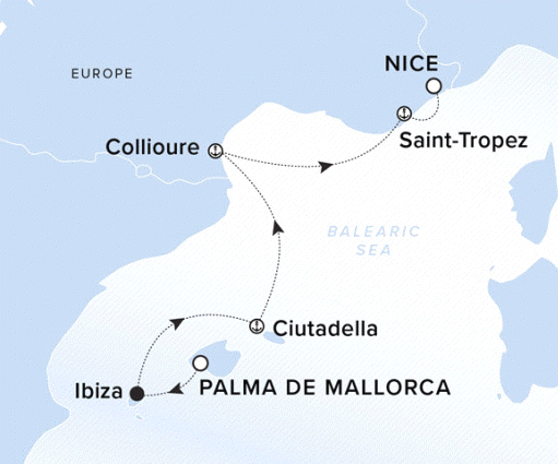 The Ritz-Carlton Evrima A map showing the Balearic Sea. A line shows the voyage route from Palma de Mallorca, Ibiza, Ciutadella, Collioure, Saint-Tropez and Nice.