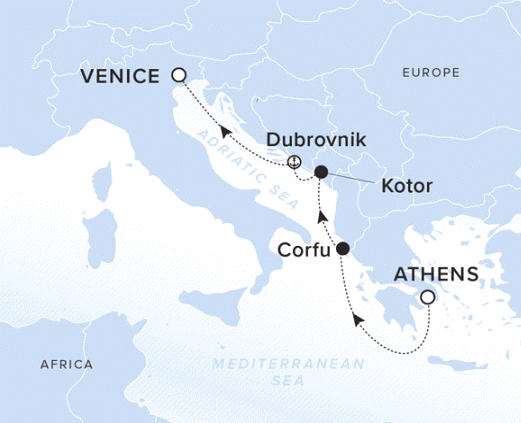 The Ritz-Carlton Evrima A map showing the Adriatic and Mediterranean Seas. A line shows the voyage route from Athens, Corfu, Kotor, Dubrovnik and Venice.