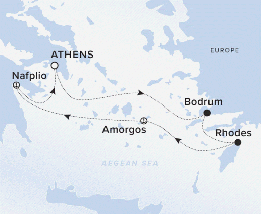 The Ritz-Carlton Evrima A map showing the Aegean Sea. A line of the voyage route from Athens to Bodrum, Rhodes, Amorgos, Nafplio and Athens.