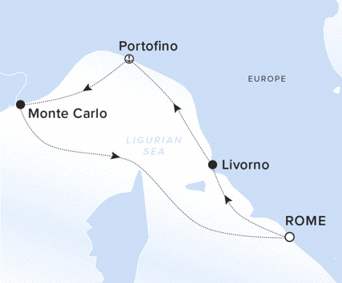 The Ritz-Carlton Evrima A map showing the Ligurian Sea. A line shows the voyage route from Rome to Livorno, Portofino, Monte Carlo and Rome.