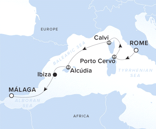 The Ritz-Carlton Evrima A map showing the Balearic Sea. A line shows the voyage route from Rome to Porto Cervo, Calvi, Alcudia, Ibiza and Malaga.