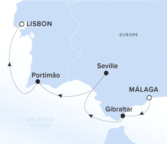 The Ritz-Carlton Evrima A map showing the Atlantic Ocean. A line shows the voyage route from Malaga to Gibraltar, Seville, Portimao and Lisbon.