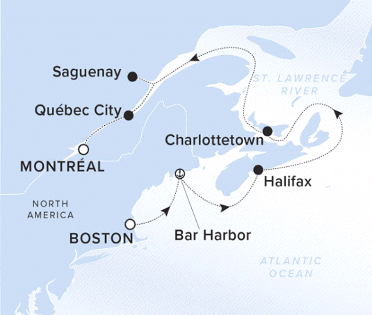 The Ritz-Carlton Evrima A map showing the Atlantic Ocean. A line shows the voyage route from Boston to Bar Harbor, Halifax, Charlottetown, Saguenay, Quebec City and Montreal.