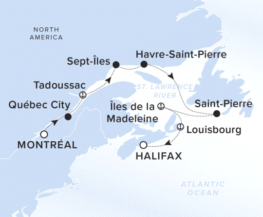 The Ritz-Carlton Evrima A map showing the Atlantic Ocean. A line shows the voyage route from Montreal to Quebec City, Tadoussac, Sept-Iles, Havre-Saint-Pierre, Saint-Pierre, Iles de la Madeleine, Louisbourg and Halifax.