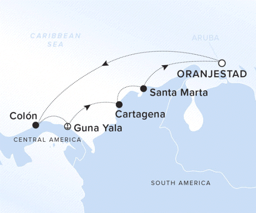 The Ritz-Carlton Evrima A map showing the Caribbean Sea. A line shows the voyage route from Oranjestad to Colon, Guna Yala, Cartagena, Santa Marta and Oranjestad.