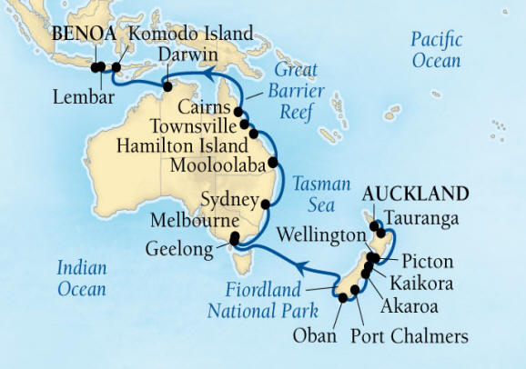 SEABOURNE LUXURY Encore Cruise Map Detail Auckland, New Zealand to Benoa (Denpasar), Bali, Indonesia February 18 March 22 2024 - 32 Days - Schedule 7716A