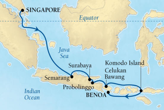 SEABOURNE LUXURY Encore Cruise Map Detail Singapore to Benoa (Denpasar), Bali, Indonesia January 7-17 2017 - 10 Days - Schedule 7710