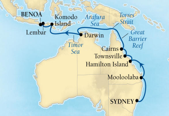 SEABOURNE LUXURY Encore Cruise Map Detail Sydney, Australia to Benoa (Denpasar), Bali, Indonesia March 6-22 2024 - 16 Days - Schedule 7720