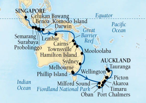 LUXURY CRUISES - Penthouse, Veranda, Balconies, Windows and Suites Seabourn Encore Cruise Map Detail Singapore to Auckland, New Zealand January 7 February 18 2020 - 42 Days - Voyage 7710B
