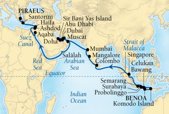SEABOURNE LUXURY Encore Cruise Map Detail Benoa (Denpasar), Bali, Indonesia to Piraeus (Athens), Greece March 22 May 5 2024 - 44 Days - Schedule 7721B