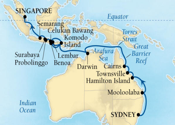 SEABOURNE LUXURY Encore Cruise Map Detail Sydney, Australia to Singapore March 6 April 1 2024 - 26 Days - Schedule 7720A