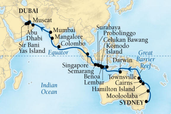 SEABOURNE LUXURY Encore Cruise Map Detail Sydney, Australia to Dubai, United Arab Emirates March 6 April 17 2024 - 42 Days - Schedule 7720B
