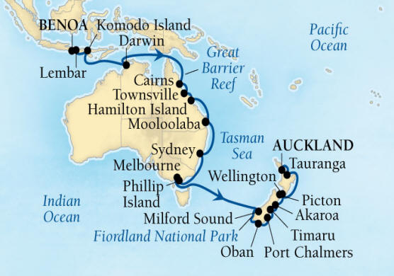 SEABOURNE LUXURY Encore Cruise Map Detail Benoa (Denpasar), Bali, Indonesia to Auckland, New Zealand January 17 February 18 2024 - 32 Days - Schedule 7711A