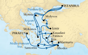 LUXURY CRUISES - Penthouse, Veranda, Balconies, Windows and Suites Seabourn Odyssey Cruise Map Detail Piraeus (Athens), Greece to Istanbul, Turkey August 1-8 2021 - 14 Days - Voyage 4546A