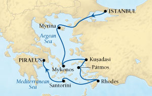 Cruises Around The World Seabourn Odyssey Cruise Map Detail Istanbul, Turkey to Piraeus (Athens), Greece August 15-22 2024 - 7 Days - Voyage 4548
