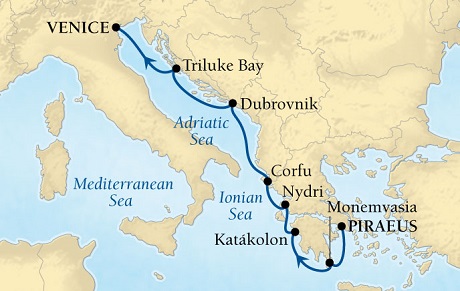 LUXURY CRUISES - Penthouse, Veranda, Balconies, Windows and Suites Seabourn Odyssey Cruise Map Detail Piraeus (Athens), Greece to Venice, Italy August 22-29 2021 - 7 Days - Voyage 4549