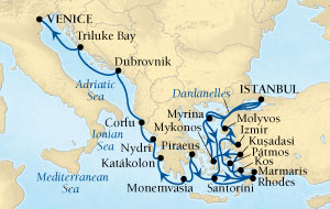 LUXURY CRUISES - Penthouse, Veranda, Balconies, Windows and Suites Seabourn Odyssey Cruise Map Detail Istanbul, Turkey to Venice, Italy August 8-29 2021 - 21 Days - Voyage 4547B