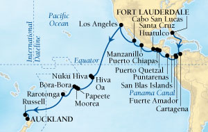 Cruises Around The World Seabourn Odyssey Cruise Map Detail Fort Lauderdale, Florida, US to Auckland, New Zealand December 15 2024 January 27 2025 - 42 Days - Voyage 4574A